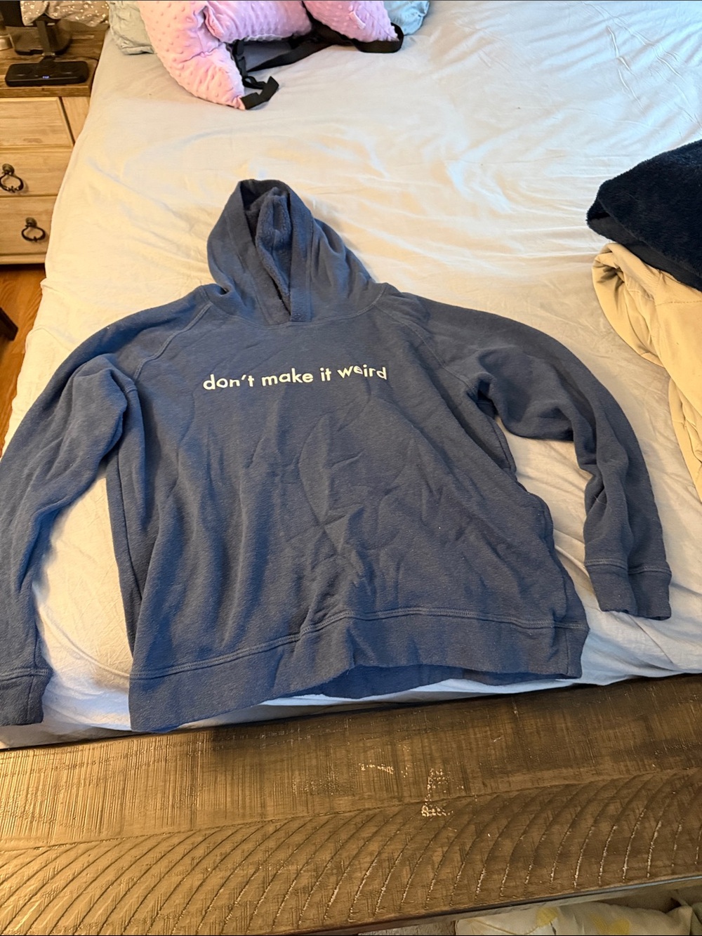 Blue Zip-Up Hoodie with 'don't make it weird' Text